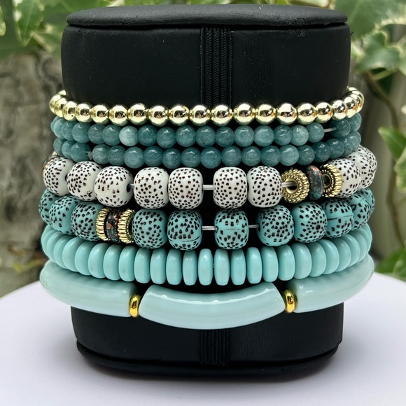 Blue Boho Chic Bead Bracelet Set - Trendy Stylish Stacked Bracelet Set - Picture 6 of 14